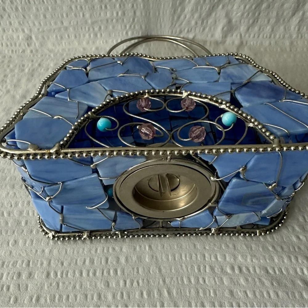Vintage Blue Stained Glass Handbag Tea Light Holder Mosaic Purse Art Decor Boho